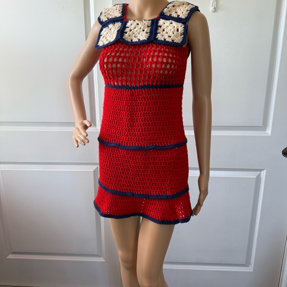 🇺🇸 VINTAGE 60s 70s Red and Blue Handmade Sheer Crochet Dress XS ❤️🤍💙 hippie